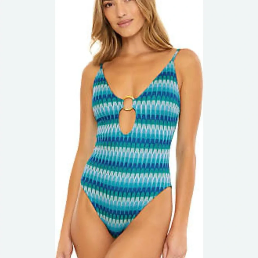 Trina Turk One-piece Swimsuit Size 12 NWT Multi Aqua Blue Print